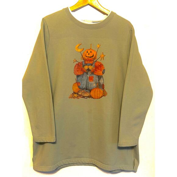 Vintage Fall CrewNeck Sweatshirt Sage Green with Pumpkin Scarecrow (read for SZ) - Picture 1 of 7